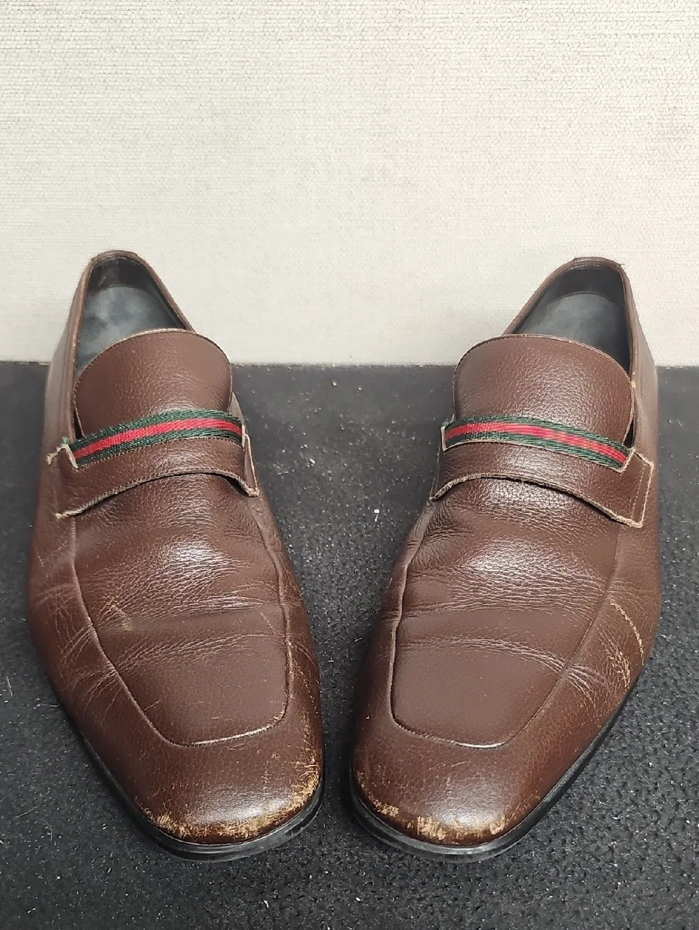 GUCCI WEB STRIPE BROWN LEATHER MENS LOAFERS BFPM-05-141